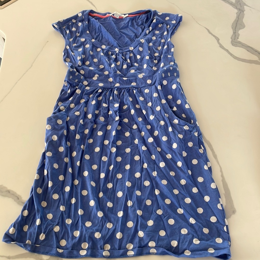 Margot Jersey dress blue and white polka dots Boden womans size 6